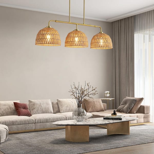 KAISITE 60-Watt 3-Light Vintage Gold Rattan Pendant Light with
