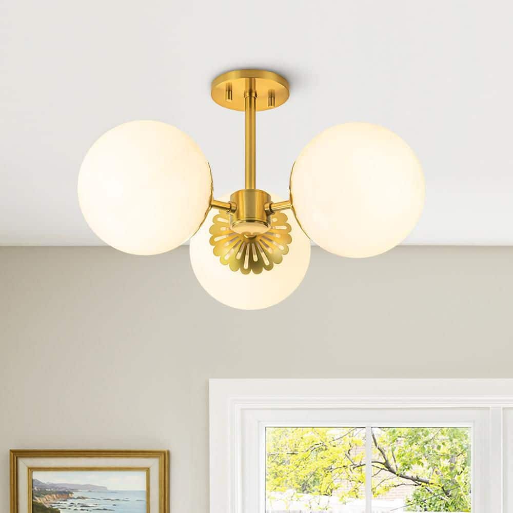 Y'INSP 19.69 in. 3-Light Gold Mid Century Modern Semi-Flush Mount