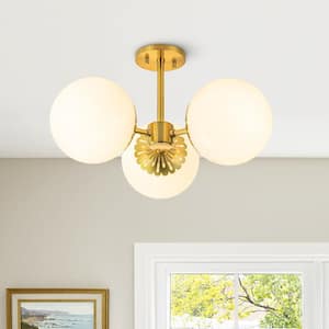 19.69 in. 3-Light Gold Mid Century Modern Semi-Flush Mount Ceiling Light Fixture Sputnik Chandelier With Glass Shade