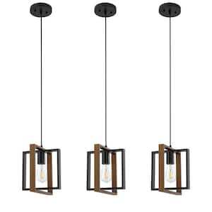 1-Light Farmhouse Black and Bronze Kitchen Island Pendant Light, Square Adjustable Metal Hanging Light (3-Pack)