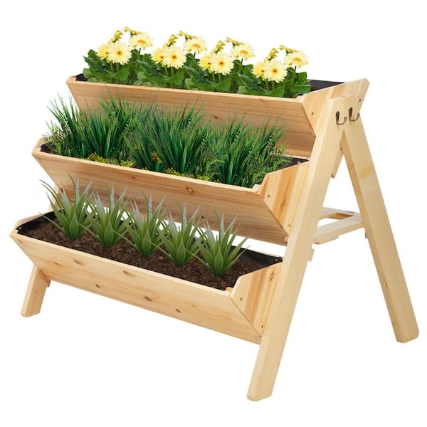 Outsunny 47 in. Natural Wooden 3-Tiers Raised Garden Bed with Side Hooks, Storage Clapboard