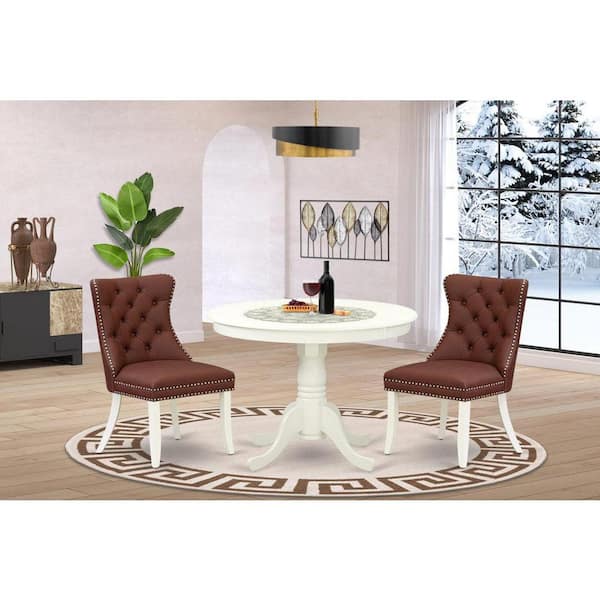 East West Furniture 3-Piece Linen White Finish Solid Wood Top - Round Upholstered Dining Room Set - Seats 4