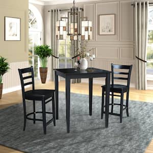 3 PC Set - Black Solid Wood 30 in. Square Table with 2 Side Stools