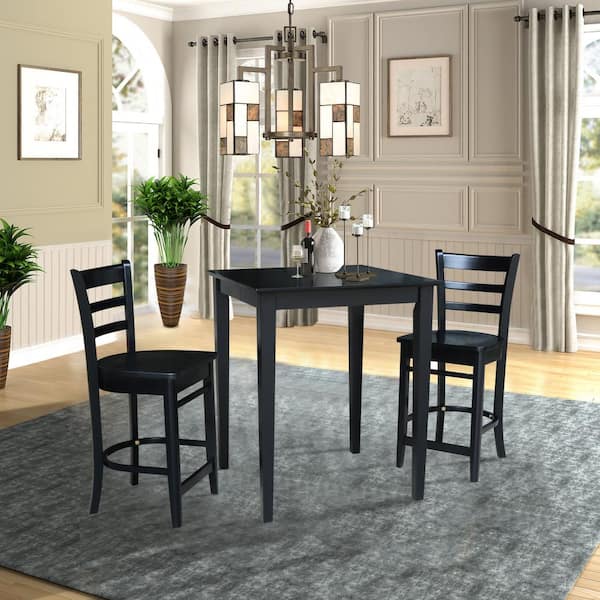 International Concepts 3 PC Set - Black Solid Wood 30 in. Square Table with 2 Side Stools