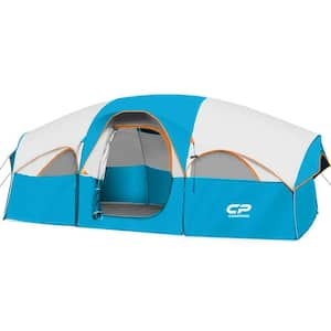 8-Person Camping Tents, 5 Large Mesh Windows, Double Layer, Divided Curtain with Carry Bag in Sky Blue