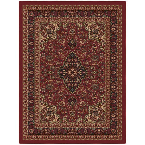 Ottomanson Basics Collection Non-Slip Rubberback Medallion Oriental Design 5x7 Indoor Area Rug, 5 ft. x 6 ft. 6 in., Red