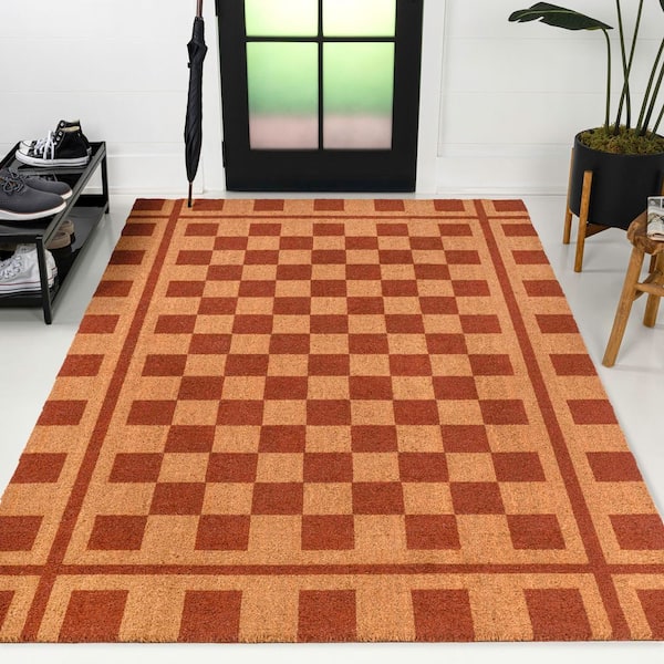 Harper Classic Farmhouse Checkerboard Coir Natural/Red 5 ft. x 8 ft. Indoor/Outdoor Area Rug