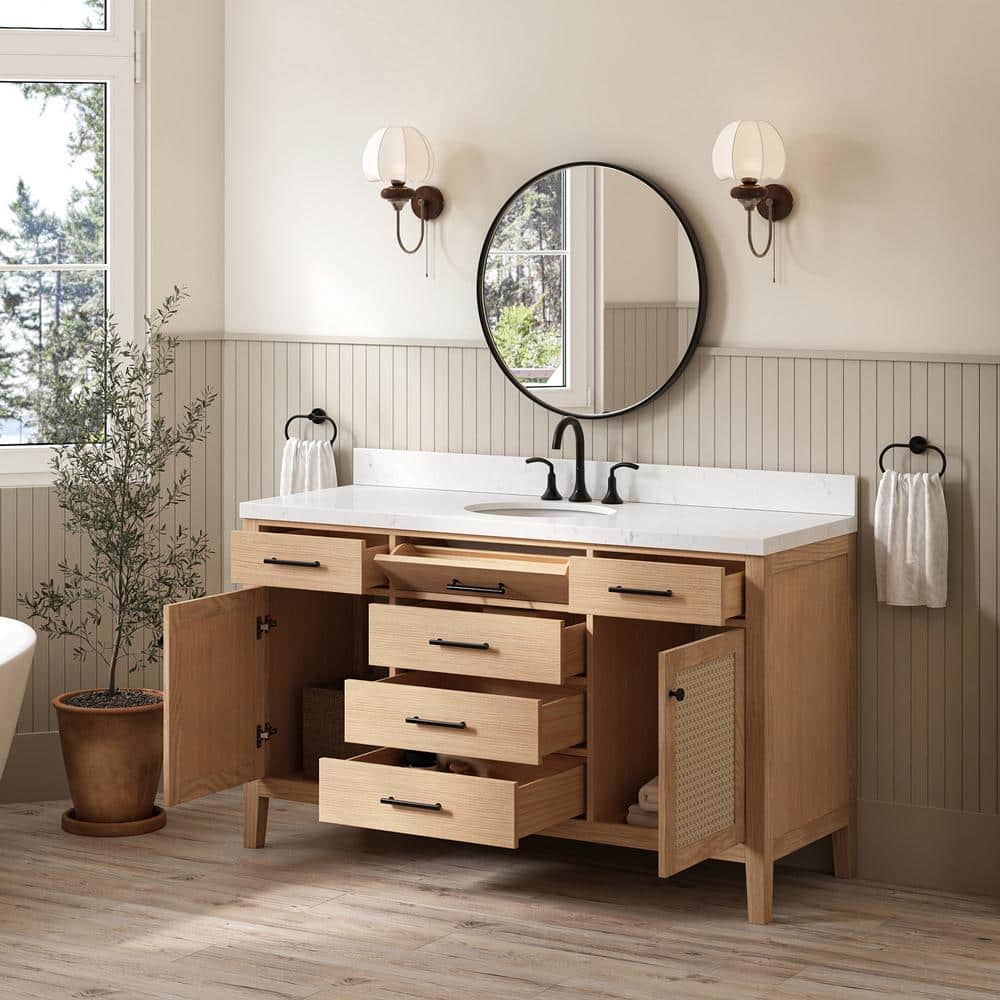 Camila 60" Light Brown Oak Freestanding Bathroom Vanity with Quartz Top