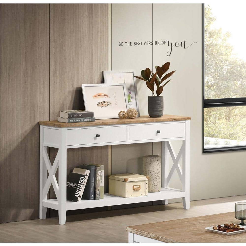 Coastal Brown and White Wood Console Table with Storage