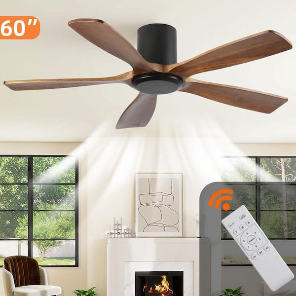 60 in. Flush Mount Ceiling Fan without Light, Wood Blades, Quiet Reversible DC Motor, 6-Speed Remote,Energy Saving,Brown