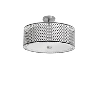 8.5 in. H 3-Light Satin Chrome Flush Mount with Metal/Fabric Shades