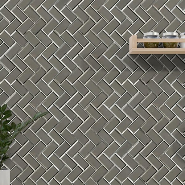 Le Cafe 1 x 3 Herringbone Glossy Porcelain Mosaic Tile in Black