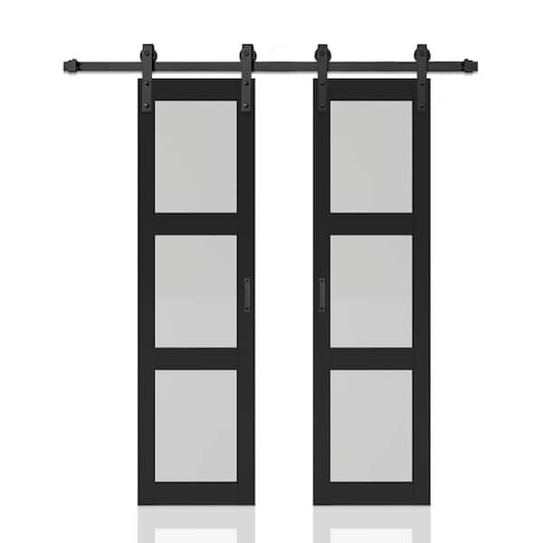 42 in. x 84 in. 3-Lite Tempered Frosted Glass Black Finished Composite Double Sliding Barn Door with Hardware Kit Handle