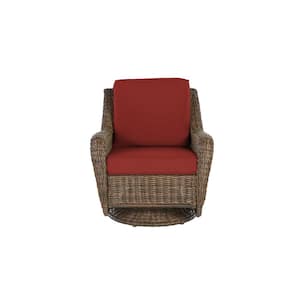 Cambridge Brown Wicker Outdoor Patio Swivel Rocking Chair with Sunbrella Henna Red Cushions