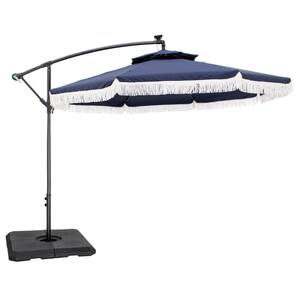 10 ft. Metal Cantilever Solar Patio Umbrella in Navy Blue With Lights Tassel Design and Crossed Base