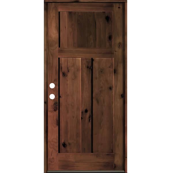 36 in. x 80 in. Rustic Knotty Alder 3 Panel Right-Hand/Inswing Red Mahogany Stain Wood Prehung Front Door