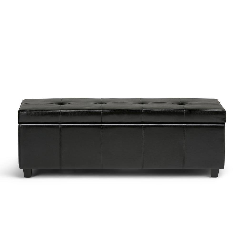 Midnight Black Bonded Leather Tufted Storage Ottoman Bench