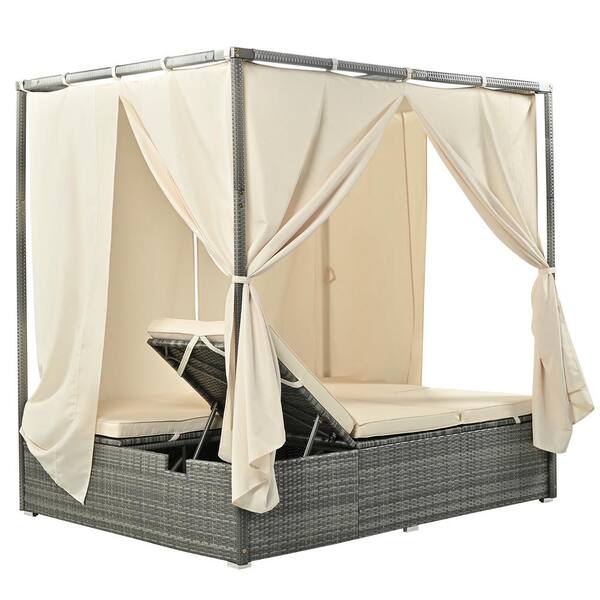 vidaXL 2-Person Sunbed with Cushion Gray Poly Rattan