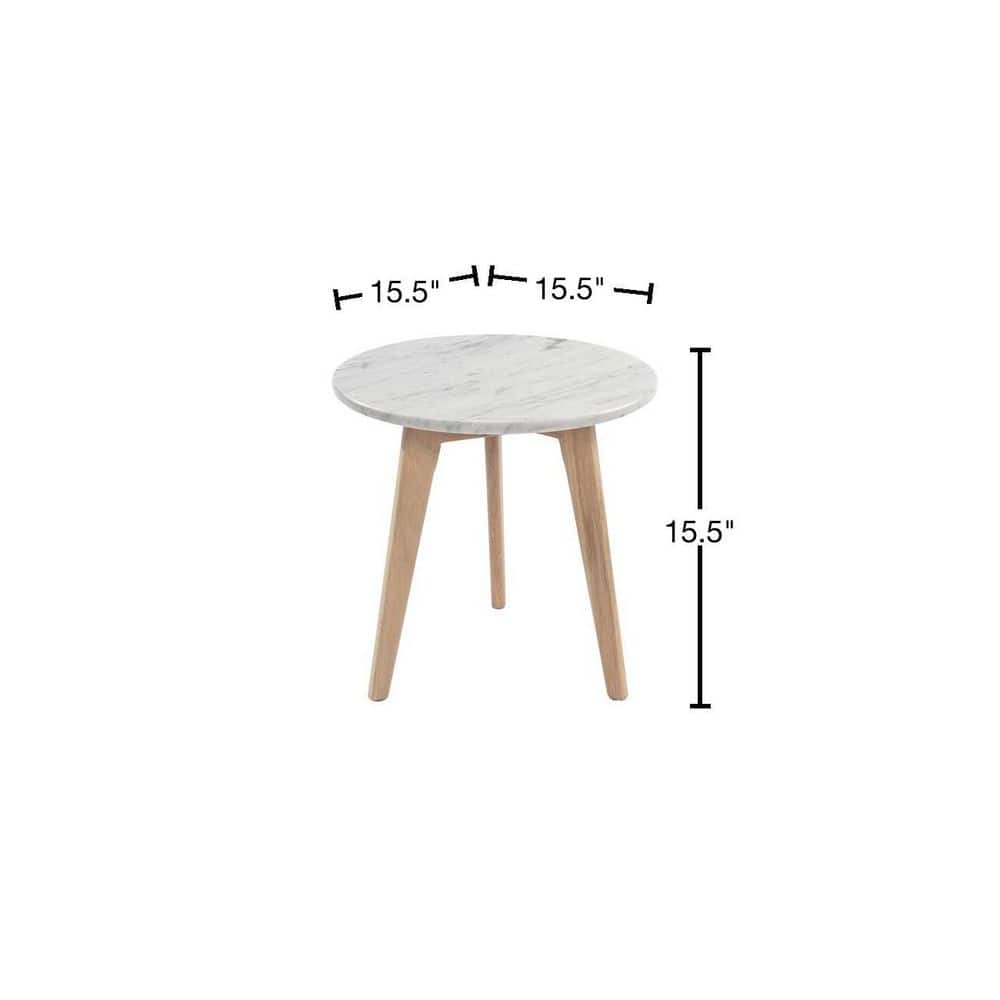 16" Round Italian Carrara White Marble End Table with Oak Finish
