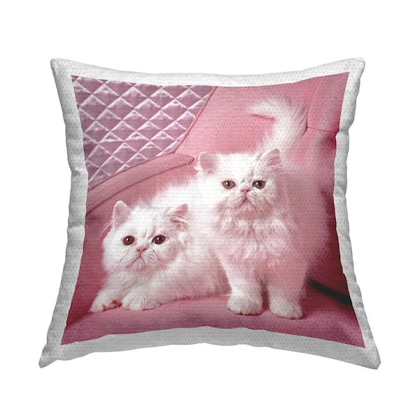 White Kittens on Pink Pink Square Outdoor Throw Pillow