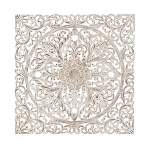 36 in. x  36 in. Wood Brown Handmade Intricately Carved Floral Wall Decor with Mandala Design