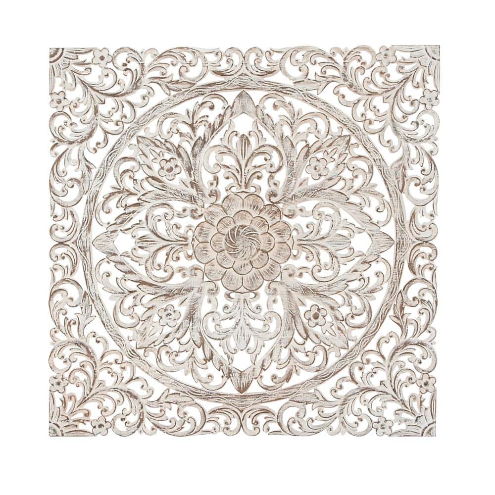 Brown and White Carved Floral Mandala Wood Wall Decor