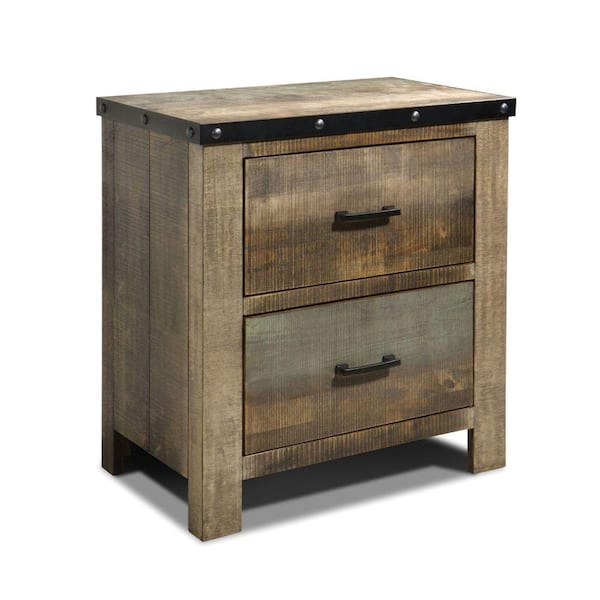 Benjara 2-Drawer Brown Wooden Nightstand with Rough Sawn Design and Rivet Banding 16 in. L x 26 in. W x 28.25 in. H