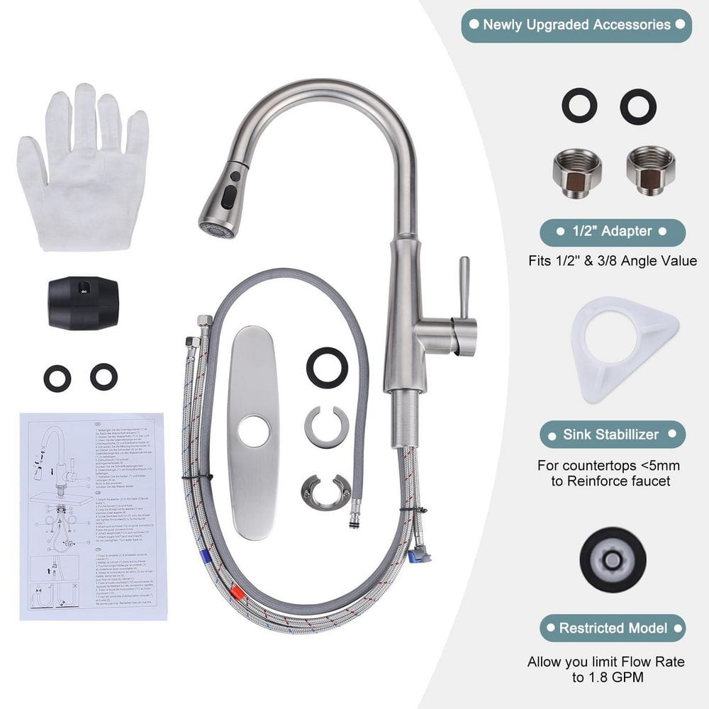 Brushed Nickel Stainless Steel High Arc Kitchen Faucet with Pull Down Sprayer