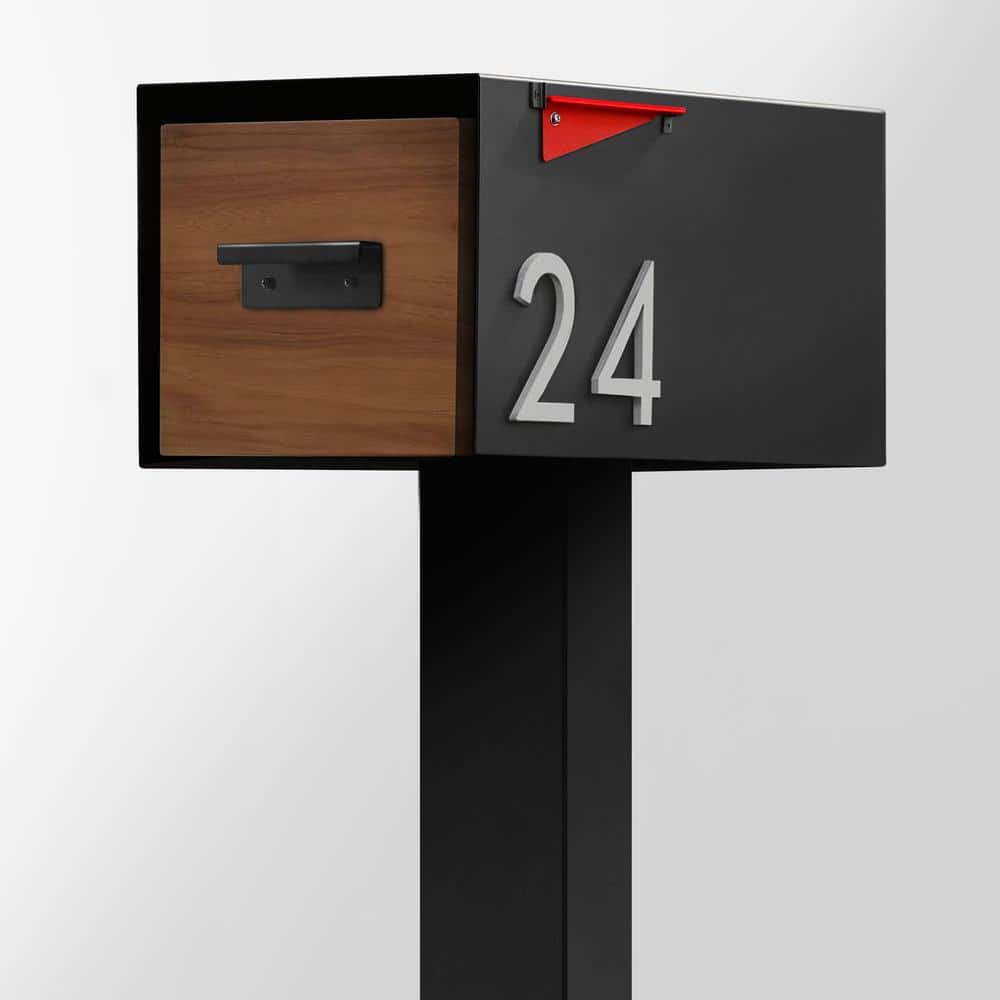 Malone Black Steel Mailbox with Brass Number and Wood-Styled Door