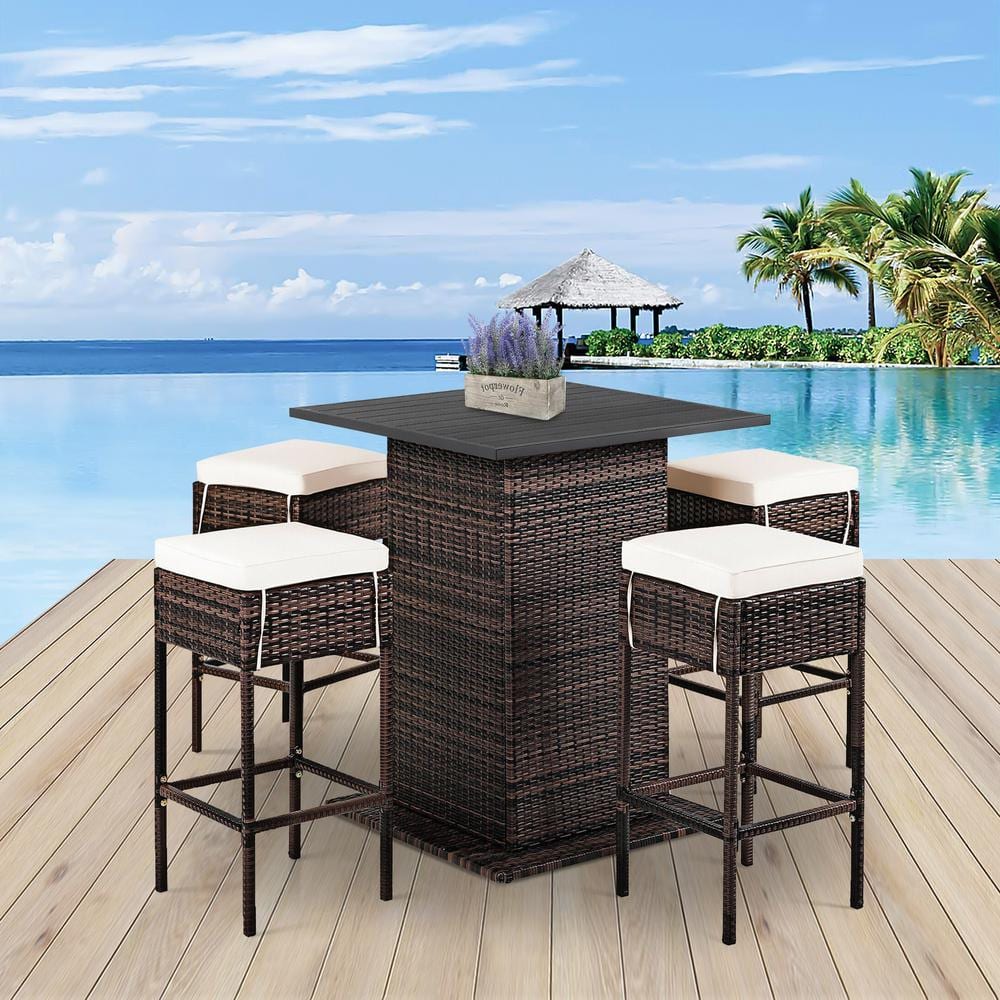 Gray Wicker 5-Piece Outdoor Bar Set with White Cushions