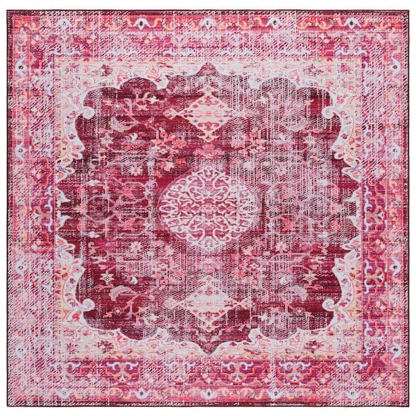 Tucson 6 ft. x 6 ft. Square Burgundy/Pink Abstract Medallion Border Washable Area Rug