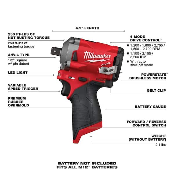 Milwaukee M12 FUEL 12V Lithium-Ion Brushless Cordless Stubby 1/2 in. Impact  Wrench with Pin Detent (Tool-Only) 2555P-20 The Home Depot