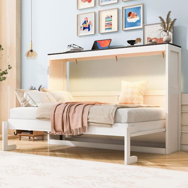 Kilian White+Brown Wood Frame Twin Size Murphy Bed with LED Light, Hidden Wall Bed Cabinet