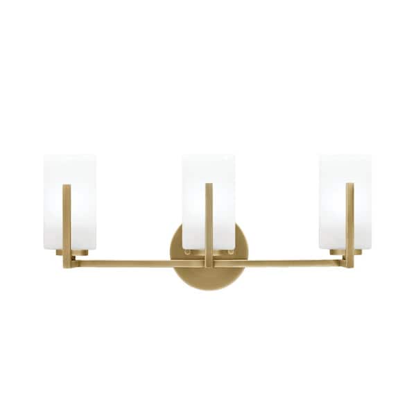 Unbranded Cottonwood 20.75 in. 3-Light Vanity Light New Age Brass with 3.5 in. Square White Marble Glass Shades, No Bulbs Included