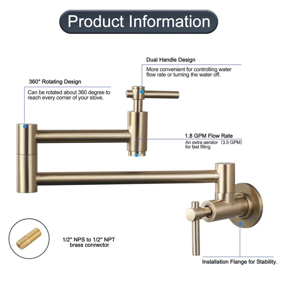 Brushed Gold Brass Wall Mount Double Handle Pot Filler Faucet