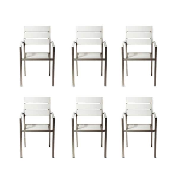 Benjara Gray and White Metal Arm Chair with Slated Back (Set of 6)