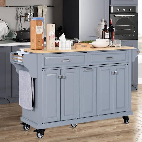 Staykiwi Grey Rubberwood Kitchen Cart with Spice Rack, Towel Rack, Adjustable Shelves and 3-Drawers