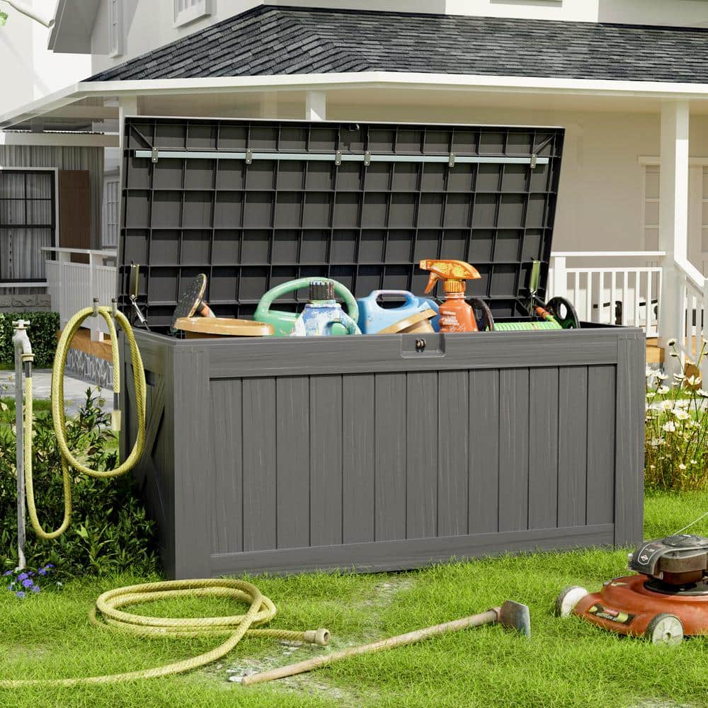Gray 120 Gallon Lockable Plastic Deck Box