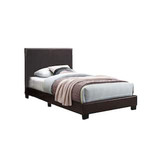 Brown Wooden Frame Twin Platform Bed with Padded Headboard