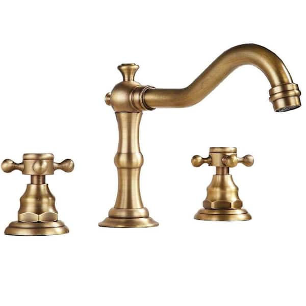 Lukvuzo Double Handle Single Hole Bathroom Faucet with Basin Mixer Tap and Metal Pop Up Drain and Overflow in Antique Brass
