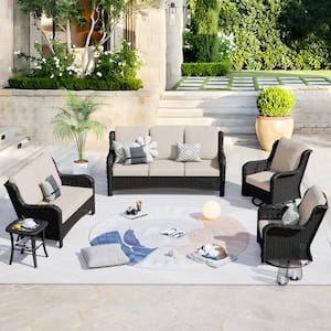 Mercury Brown 5-Piece Wicker Patio Conversation Seating Set with Beige Cushions