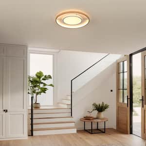 15.75 in. White and Wood Dimmable Integrated LED Modern Novel Double Circle Shape Flush Mount Ceiling Light with Remote