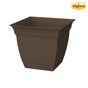 10 in. Mirabelle Medium Chocolate Plastic Square Planter (10 in. D x 9 in. H) with Drainage Hole and Attached Saucer