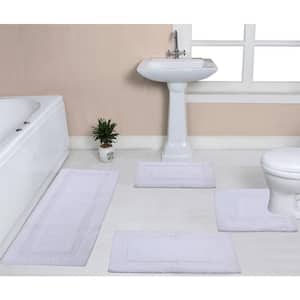 Classy 100% Cotton Bath Rugs Set, Machine Wash, 4-Pcs Set with Runner, White