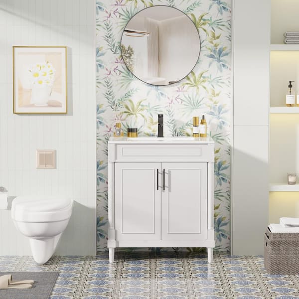 30 in. W x 17.7 in. D x 33.5 in. H Freestanding 1-Sink Bath Vanity in White with White Ceramic Top and Drain Faucet Set