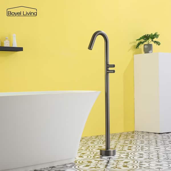 Freestanding Floor Mount Double Handle Bath Tub Filler Faucet with Water Supply Lines in Gunmetal Gray