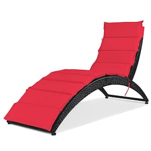Black Rattan Folding Wicker Outdoor Chaise Lounge Chair with Red Cushion
