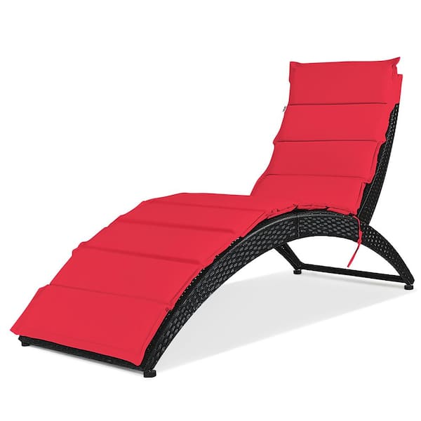 Costway Black Rattan Folding Wicker Outdoor Chaise Lounge Chair with Red Cushion