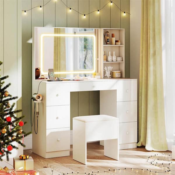 2-Piece White Makeup Vanity Set with Mirror and Lights Makeup Table with Power Outlets and 7 Drawers