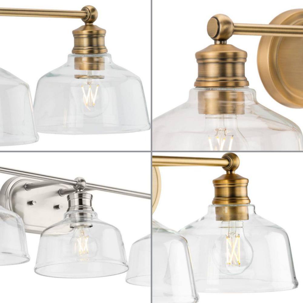 Vintage Brass 3-Light Vanity Fixture with Clear Glass Shades